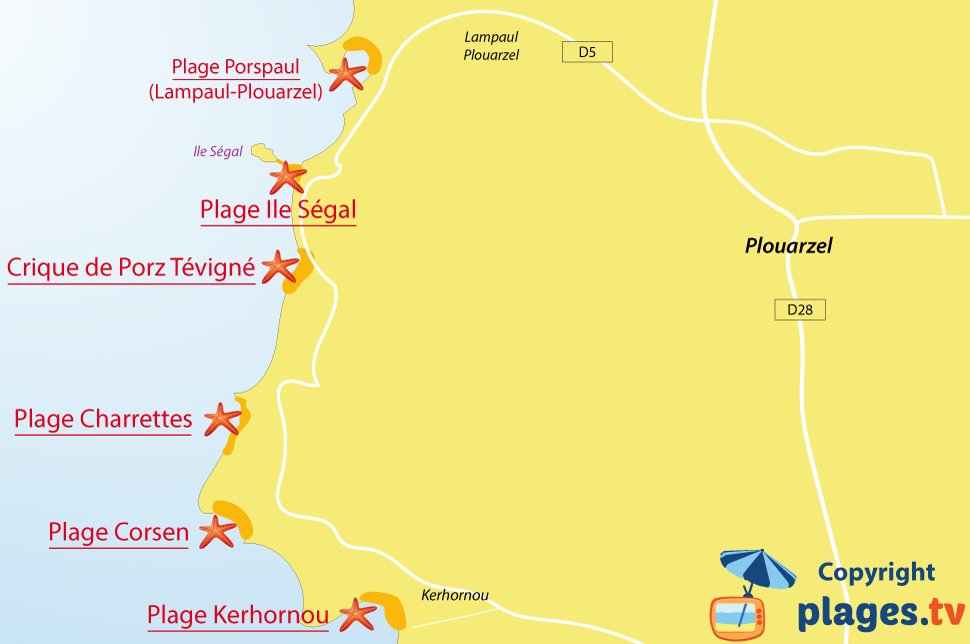 Plan des plages de Plouarzel en Bretagne