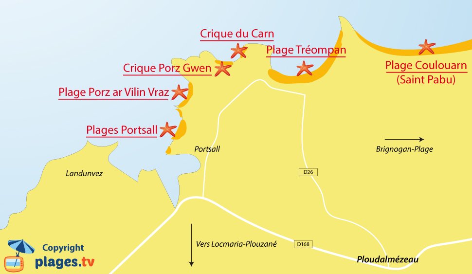 Plan des plages de Ploudalmézeau - Bretagne