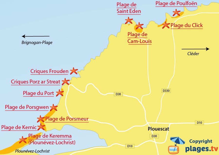 Plan des plages de Plouescat dans le Finistère