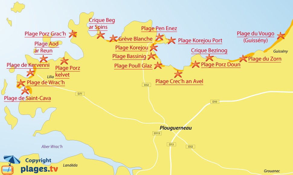 Plan des plages de Plouguerneau en Bretagne