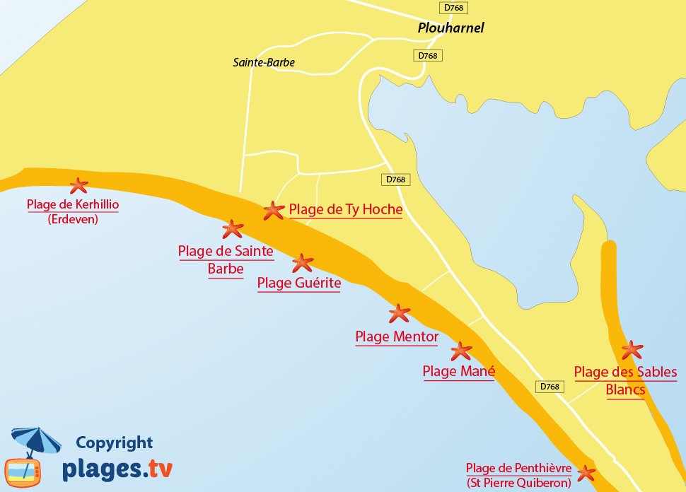 Plan des plages de Plouharnel dans le Morbihan - Bretagne