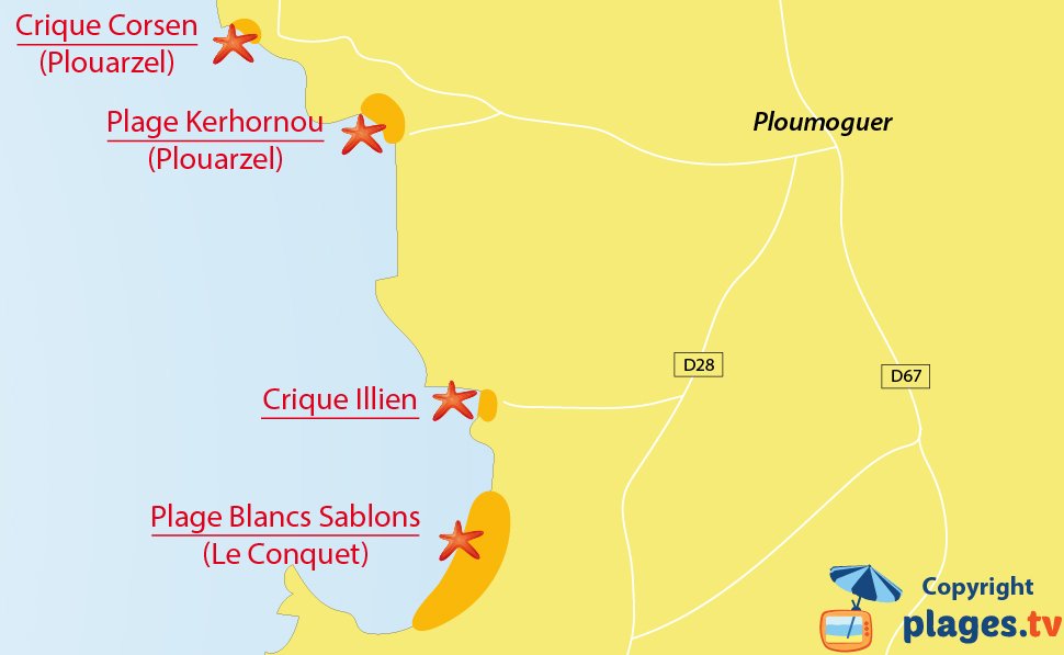 Plan des plages de Ploumoguer en Bretagne