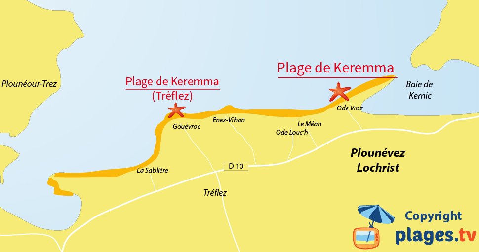 Plan des plages de Plounévez-Lochrist en Bretagne - Keremma 