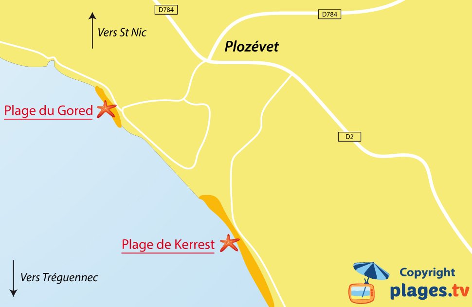 Plan des plages de Plozévet en Bretagne