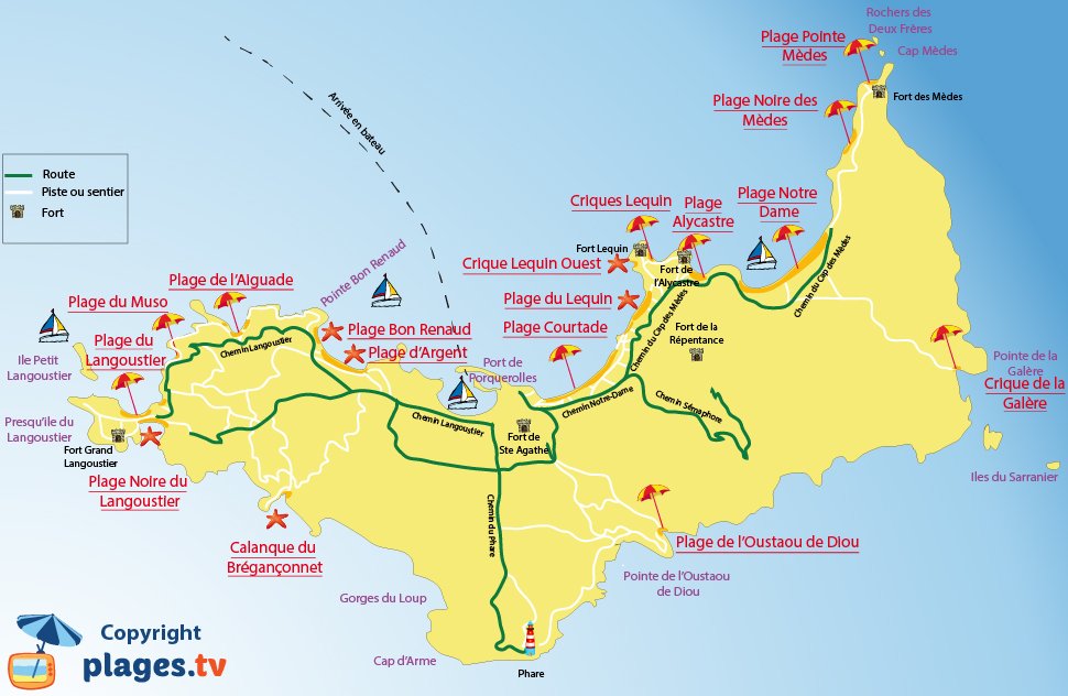 Plan des plages de Porquerolles dans le Var