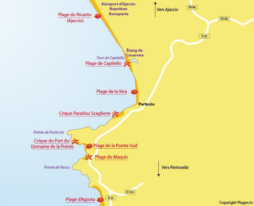 Plan des plages de Porticcio en Corse