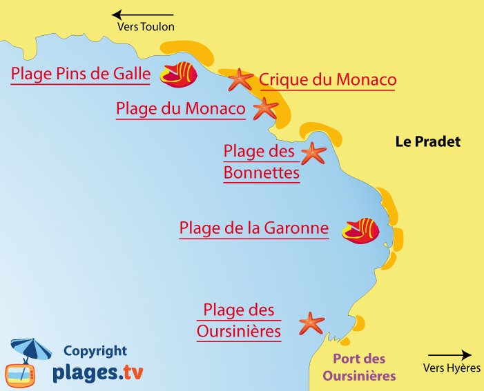 Plan des plages du Pradet dans le Var