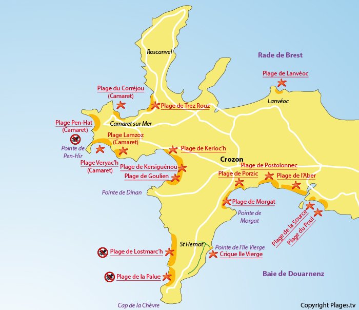 Plan des lieux de baignade sur la presqu'ile de Crozon