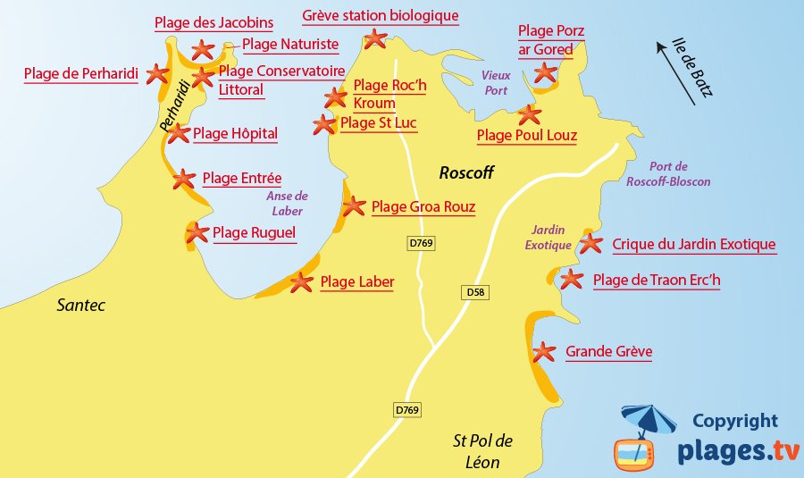 Plan des plages de Roscoff en Bretagne