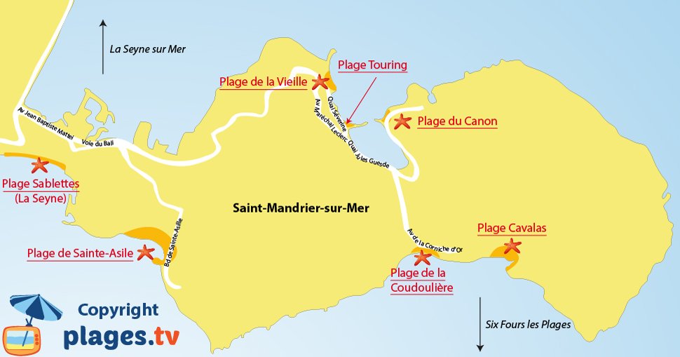 Carte des plages de St Mandrier sur Mer dans le Var