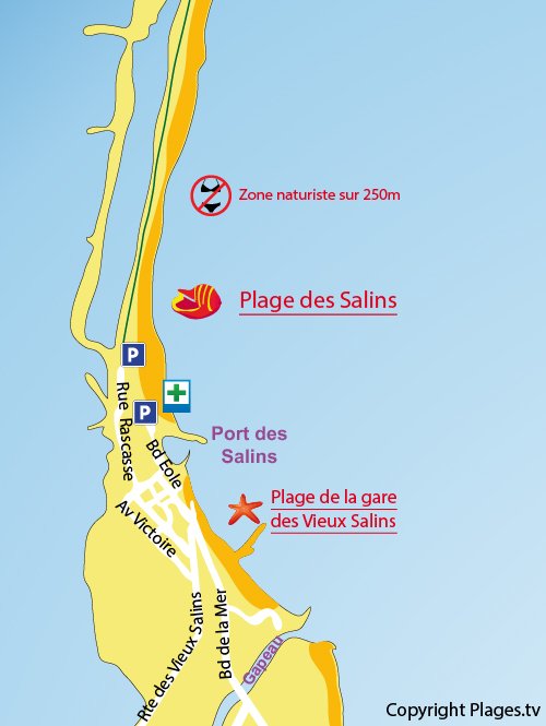 Mappa della spiaggia delle Saline a Hyères