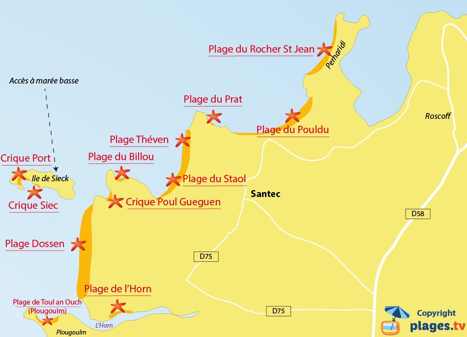 Plan des plages de Santec en Bretagne