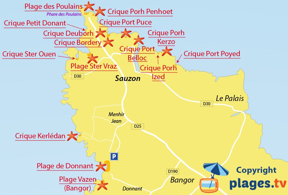 Plan des plages de Sauzon à Belle Ile en Mer