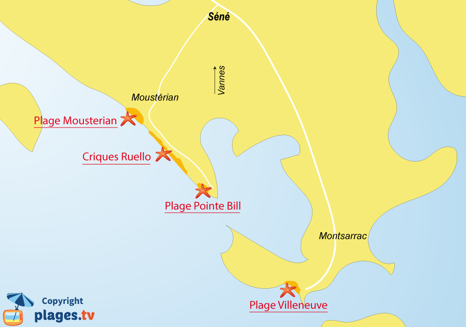 Plan des plages de Séné dans le golfe du Morbihan