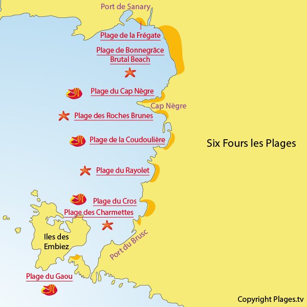 Carte des plages à Six Fours les Plages dans le Var