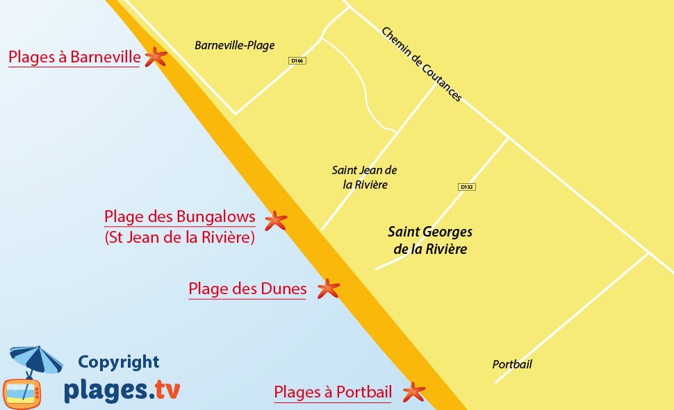 Plan des plages de Saint Georges de la Rivière dans la Manche