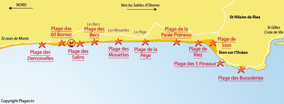 Plan des plages de Saint Hilaire de Riez en Vendée