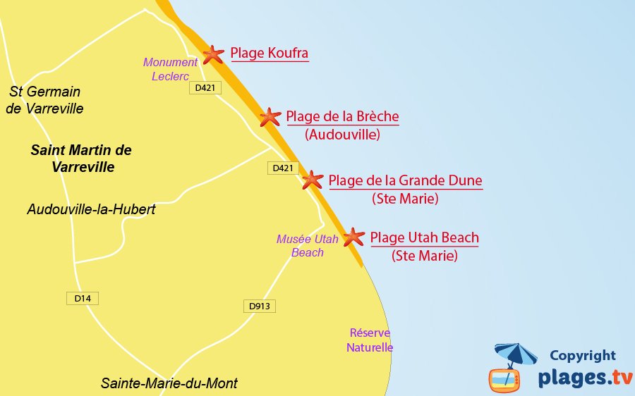 Plan des plages de St Martin de Varreville en Normandie