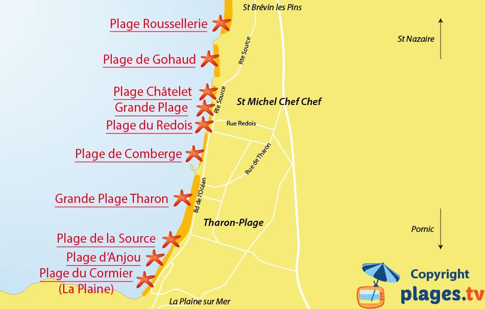 Plan des plages de Saint Michel Chef Chef et Tharon-Plage - 44