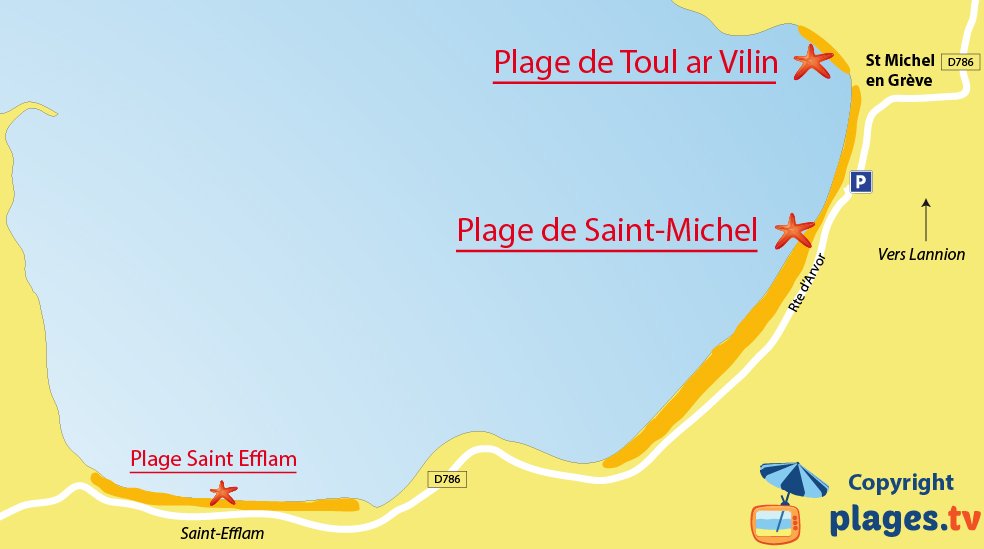 Plan des plages de Saint Michel en Grève en Bretagne