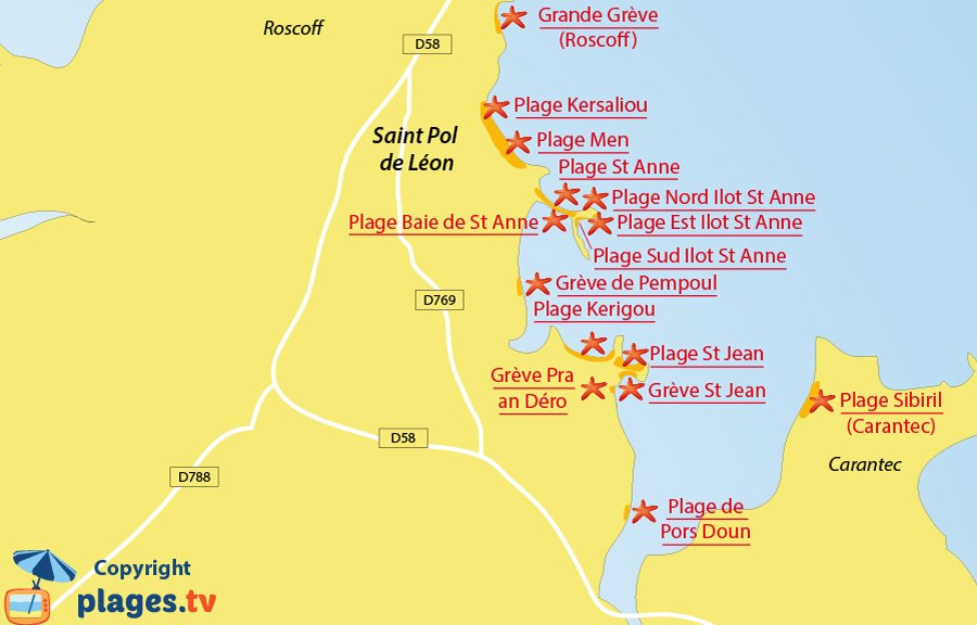 Plan des plages de Saint Pol de Léon en Bretagne