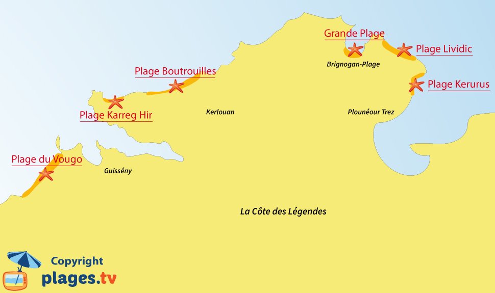 Plan des plages et des stations balnéaires de la Côte des Légendes en Bretagne