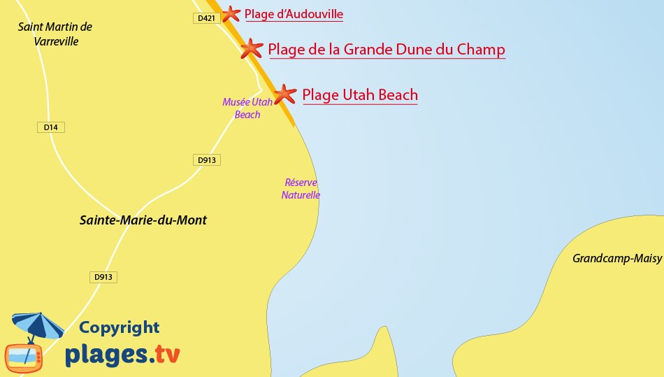 Plan des plages de Sainte Marie du Mont dans la Manche