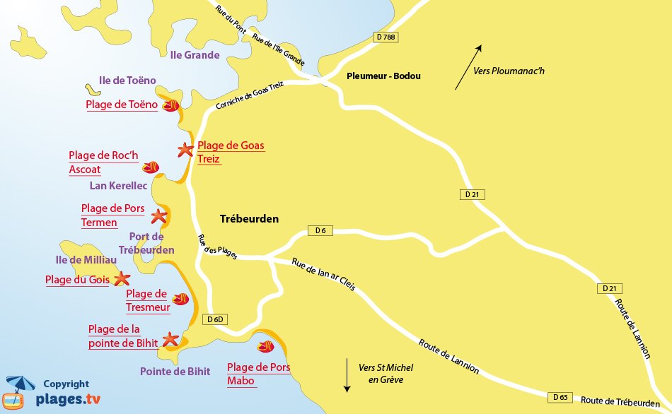 Plan des plages de Trébeurden en Bretagne