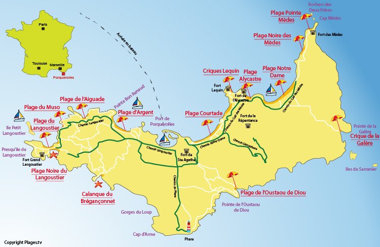 Plan de l'île de Porquerolles dans le Var