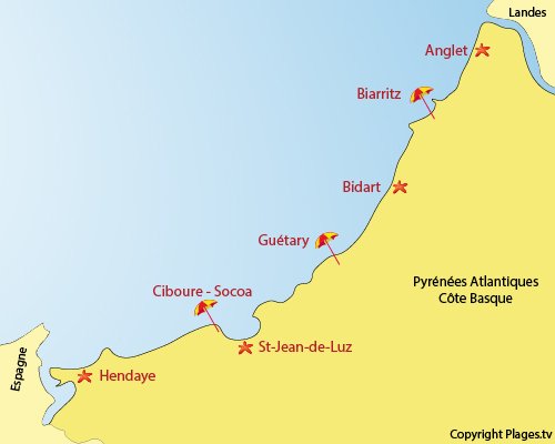 Carte des stations balnéaires dans les Pyrénées Atlantiques